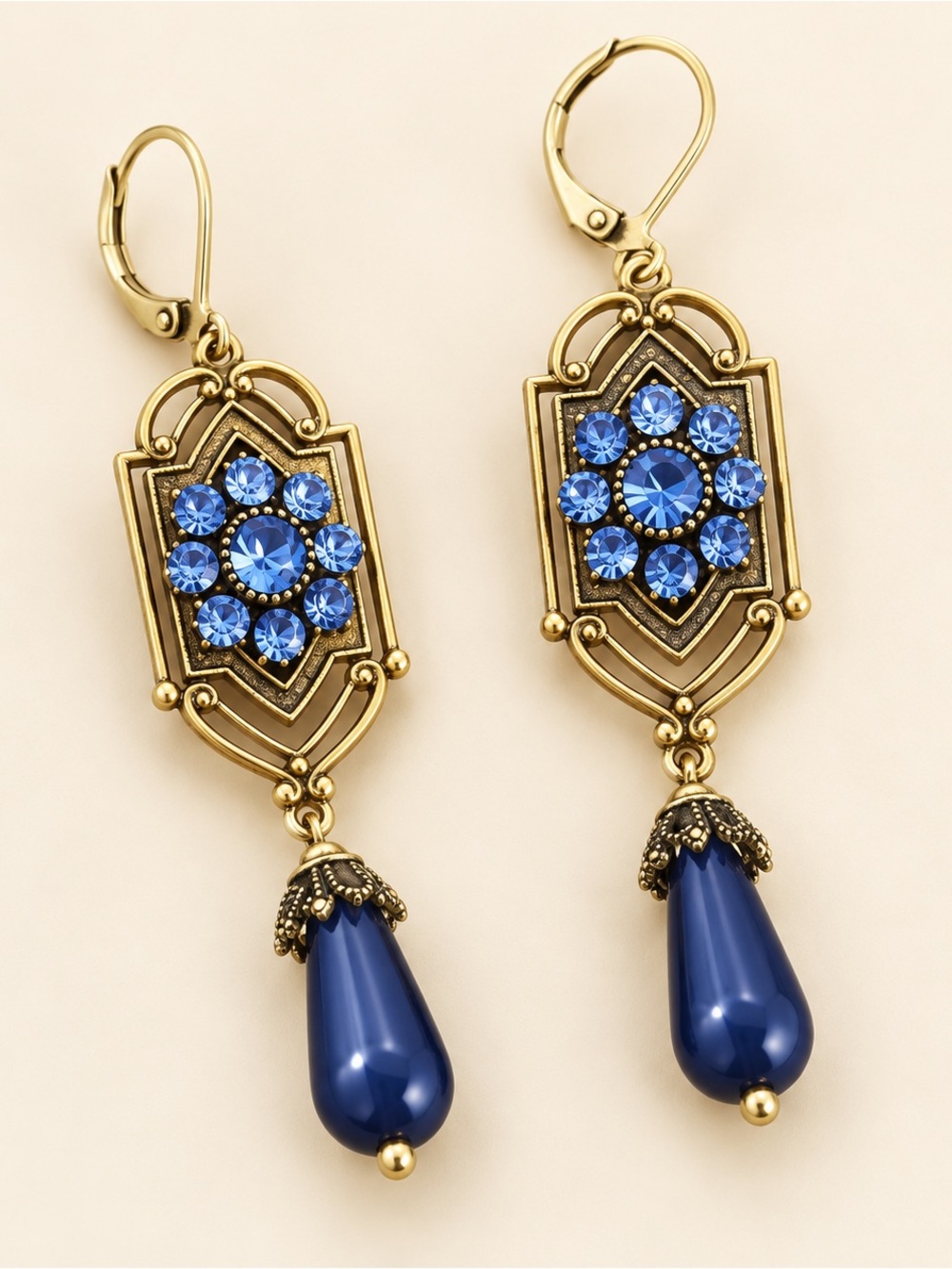 Vintage Marquis Dark Blue Crystal Gold Drop Earrings